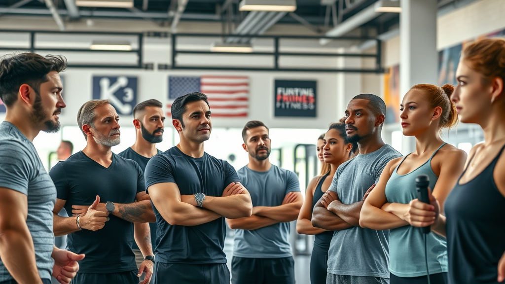 Triangle gym owners observing members—discussing training sessions and fitness mistakes