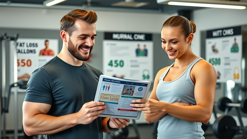 Trainer reviewing customized fat loss program with client in Triangle gym