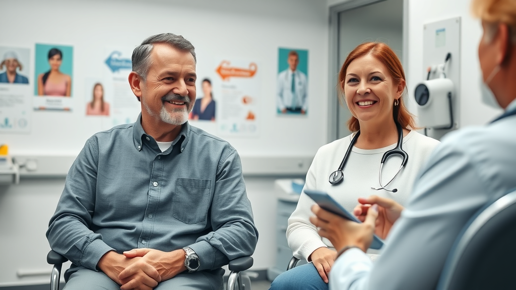 middle-aged man and woman smiling with a physician in a modern clinic, health screenings