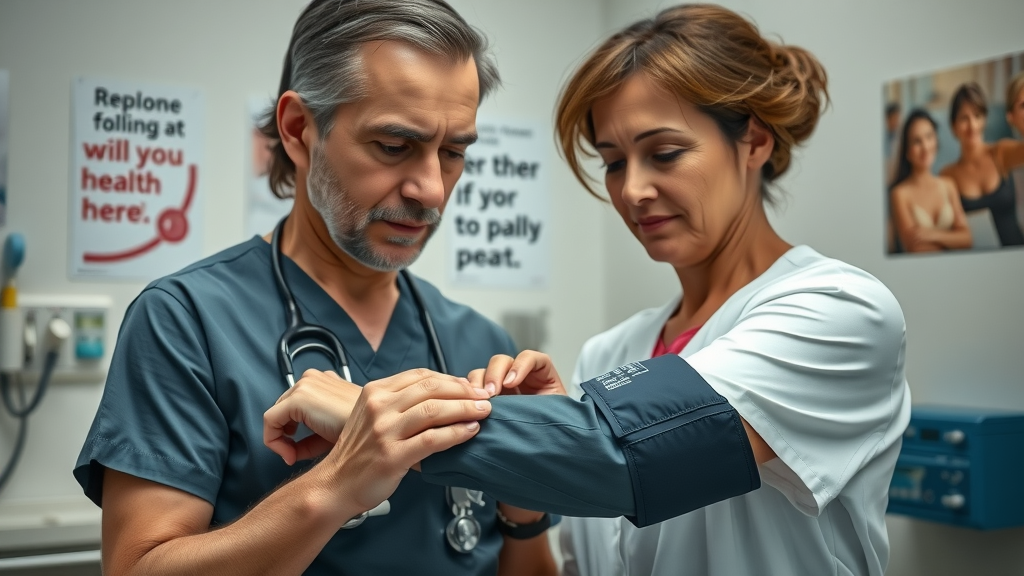 nurse checking blood pressure on a middle-aged patient