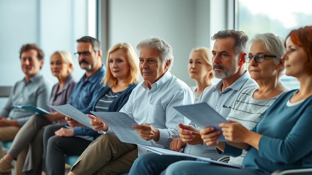 diverse group of adults in a clinic waiting room, anticipating lung cancer screening, high-risk health screenings