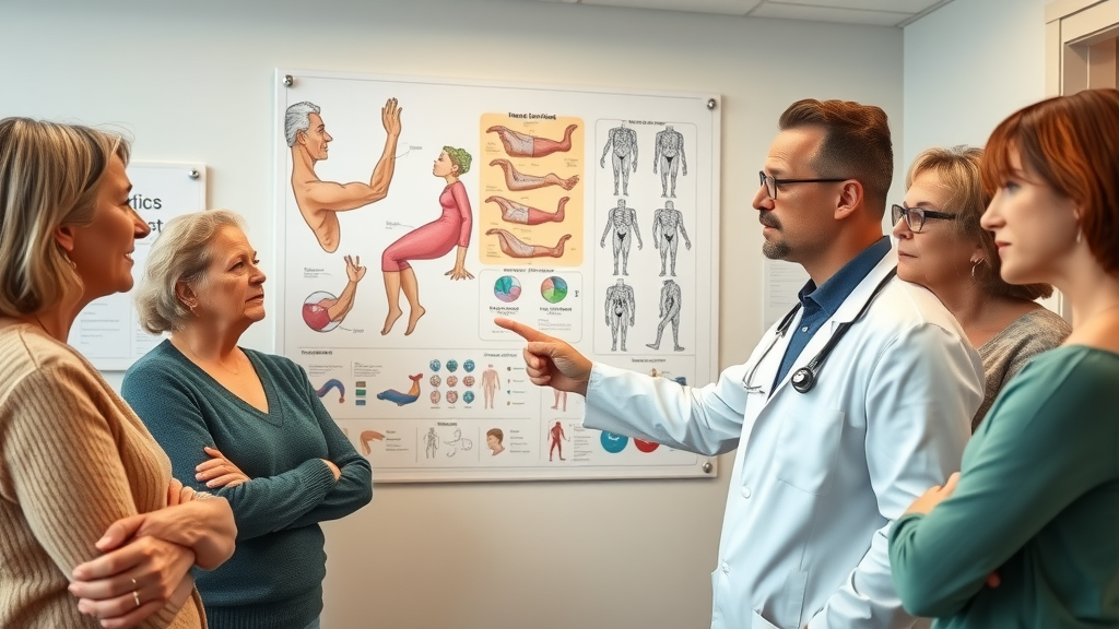 family physician pointing to a medical chart, educating adults about health screenings over 40