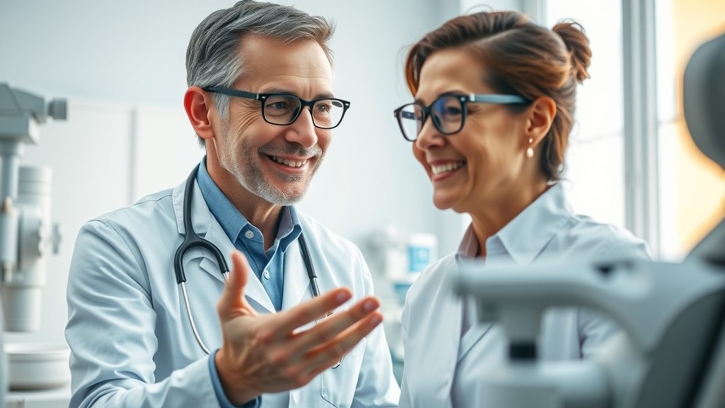 Compassionate optometrist consulting a patient about eye symptoms in a bright modern eye care clinic, clinical equipment visible in foreground, gentle hand gesture, professional and reassuring.