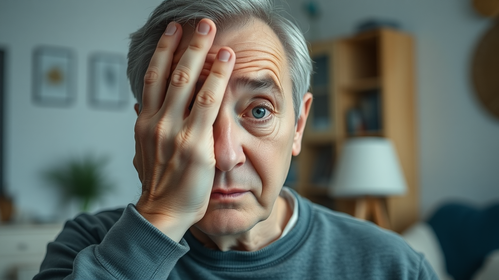 Confused middle-aged person experiencing double vision, one hand covering an eye, duplicated shapes in background illustrating double vision symptom