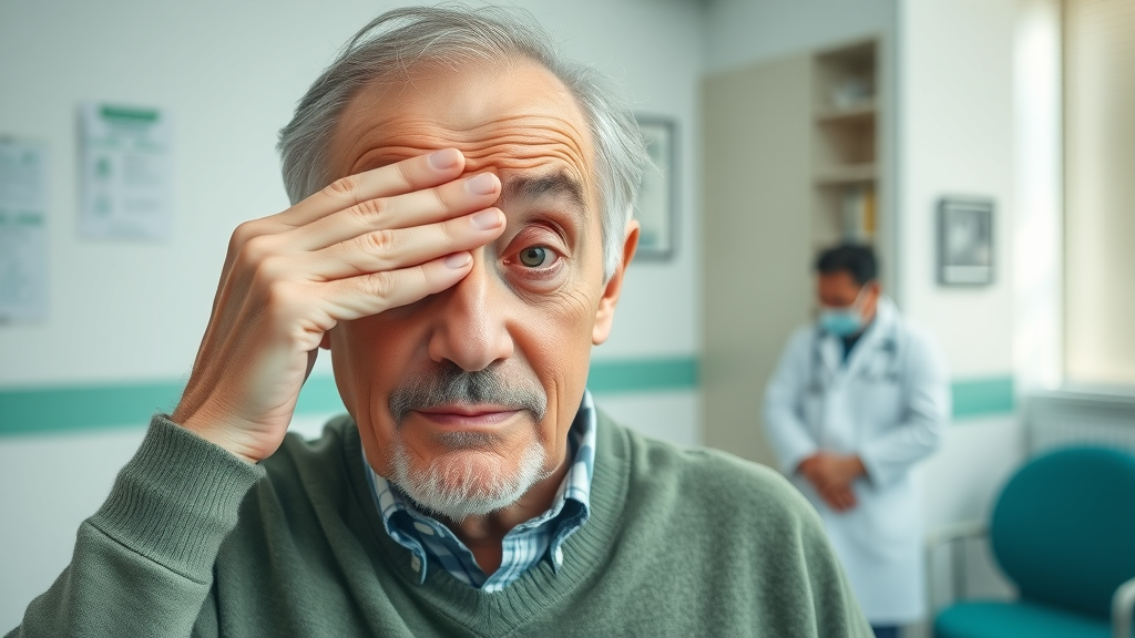 Alarmed senior holding one eye, experiencing sudden vision loss in a doctor