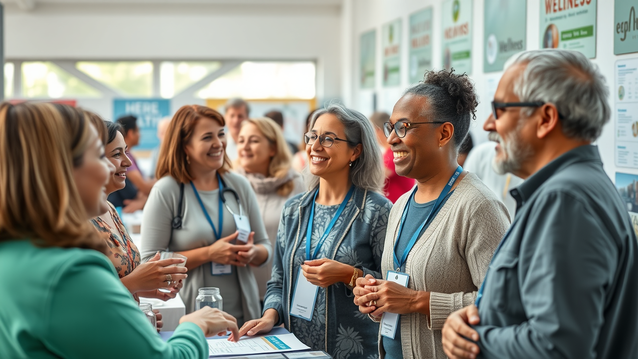 Diverse community members at a health and wellness fair engaged with wellness train network professionals, lively modern center, photorealistic, natural movement, soft blues and greens