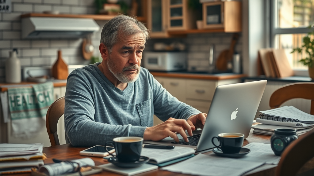 Stressed adult searching health info on laptop, surrounded by papers—reflects challenges wellness train network solves for health and wellness seekers
