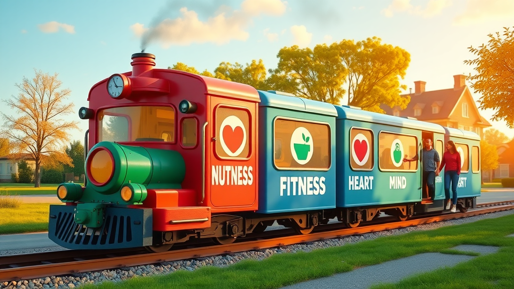 Wellness train network with cars for nutrition, fitness, heart, and mental health, moving community forward with expert health and wellness guidance