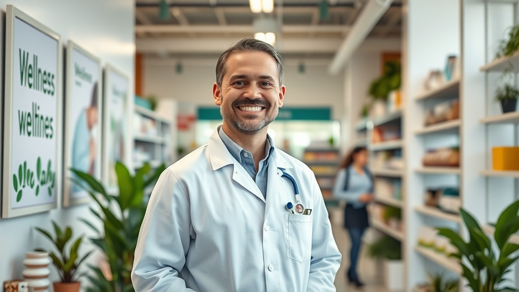 Community pharmacist and wellness train network founder, smiling, approachable, in a local pharmacy, promoting trustworthy health and wellness for community members