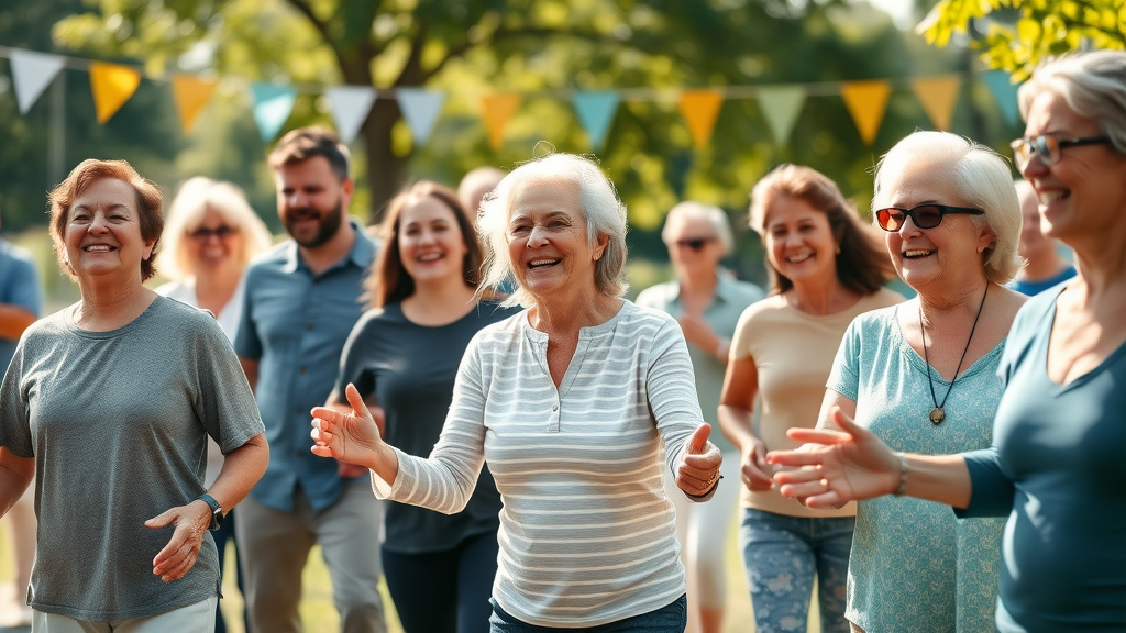 Diverse neighbors enjoying outdoor wellness train network event—showcasing health and wellness connections and community support in action