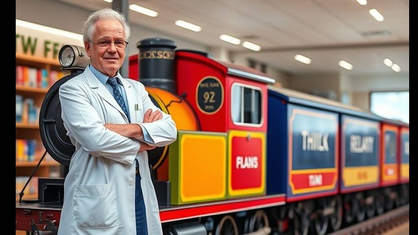 Colorful wellness train with Tom Jones as engineer, promoting health and connection.