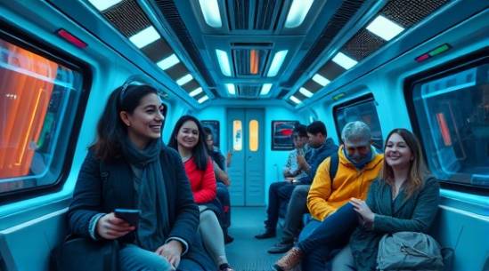 futuristic train wellness, happy commuters, participating in guided audio relaxation, photorealistic, futuristic smart train with neon interiors, highly detailed, ambient soundscapes enveloping passengers, 8K definition, cool blues and silvers, LED glow lighting, shot with a DJI Osmo Pocket 2.