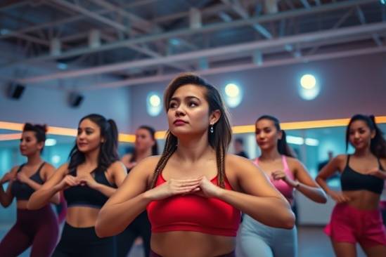 energizing video wellness, focused participants, performing aerobic exercises, photorealistic, energetic studio with high ceilings, highly detailed, synchronized movements to upbeat music, 60fps, bright neon accents, dynamic spotlights, shot with a Fujifilm XF 16-55mm f/2.8 R LM WR lens.