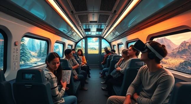 innovative train video, energetic travelers, exploring virtual reality, photorealistic, sophisticated train car with virtual landscape projections, highly detailed, passengers interacting with digital art, Dolby Atmos sound quality, vibrant neon hues, ambient lighting, shot with a GoPro HERO9 Black.