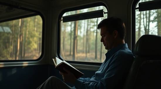 tranquil train video, contemplative traveler, reading a book, photorealistic, quiet compartment with large windows revealing a forest view, highly detailed, pages turning gently, Ultra HD, deep greens and browns, natural sunlight, shot with a Sigma 35mm f/1.4 DG HSM Art lens.