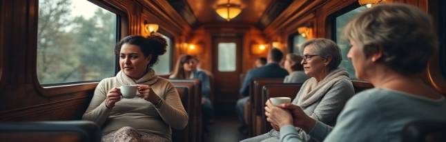 serene train wellness, relaxed passengers, sip herbal tea, photorealistic, cozy dining car with wooden decor and soft furnishings, highly detailed, gentle clinking of cups, HD clarity, rich wood tones, candlelight ambiance, shot with a Sony FE 85mm f/1.4 GM lens.