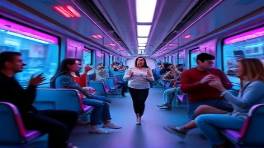 dynamic wellness train, joyous commuters, engaging in dance, photorealistic, vivid urban environment whoosh past large windows, highly detailed, rhythmic music inspires movement, cinematic flair, vibrant magentas and cyans, studio lighting setup, shot with a Red Komodo 6k.
