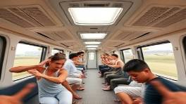 immersive train wellness, serene individuals, stretching exercises, photorealistic, spacious train with panoramic skylights, highly detailed, rhythmic breathing in synchronicity, motion blur, soft tans and whites, diffused daylight, shot with a Sigma 14-24mm f/2.8 DG HSM Art lens.