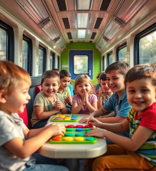 rejuvenating wellness train, joyful children, playing interactive games, photorealistic, kid-friendly train compartment with colorful seating, highly detailed, laughter echoing, high resolution, bright primary colors, warm ambient lighting, shot with a Nikon 14-24mm f/2.8G ED lens.