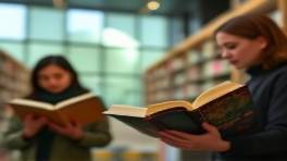 enriching wellness video, calm individuals, engaging in reading, photorealistic, modern library aesthetic with floor-to-ceiling windows, highly detailed, flipping pages slowly, bokeh effect, earthy greens and beiges, indoor soft light, shot with a Canon RF 50mm F1.2L USM lens.
