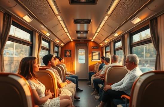luxurious train wellness, peaceful passengers, meditating, photorealistic, interior with relaxing ambient lighting and soft music, highly detailed, gentle swaying, fine art photography, warm earth tones, soft golden lighting, shot with a Nikon AF-S 50mm f/1.8G lens.
