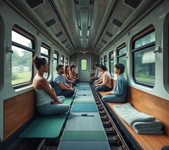 holistic train video, meditative travelers, unfolding yoga mats, photorealistic, train carriage with bamboo panels and soft mats, highly detailed, quiet hum of wheels on tracks, Ultra HD, soft blues and greens, ambient glow lighting, shot with a Panasonic Lumix S PRO 70-200mm F4 OIS lens.